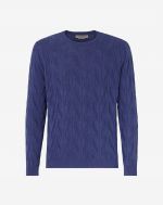 Blue woven round neck sweater in silk and cotton