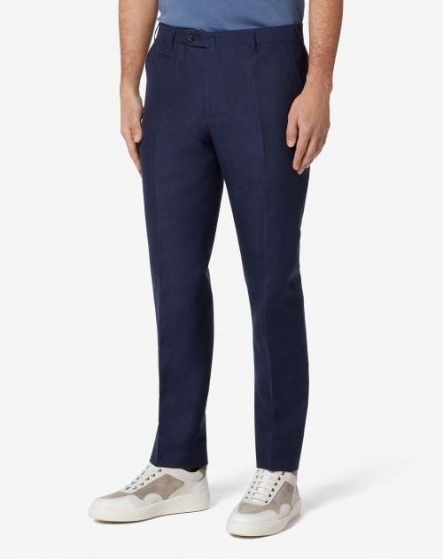 Pantalone classico blu in lana e lino