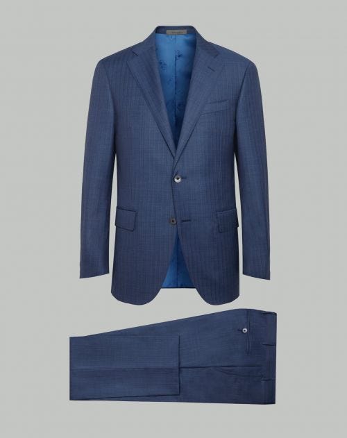 Blauw pak in wol en zijde met krijtstreep