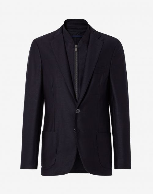 Blue wool jersey jacket with chest piece