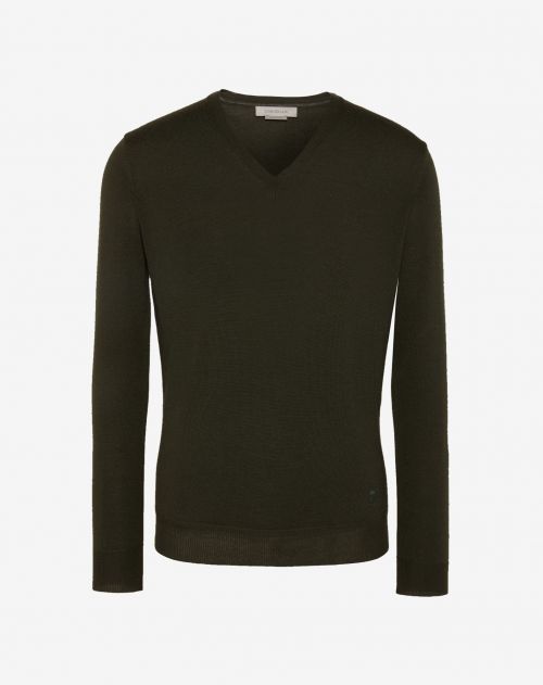 Green merino wool V-neck sweater