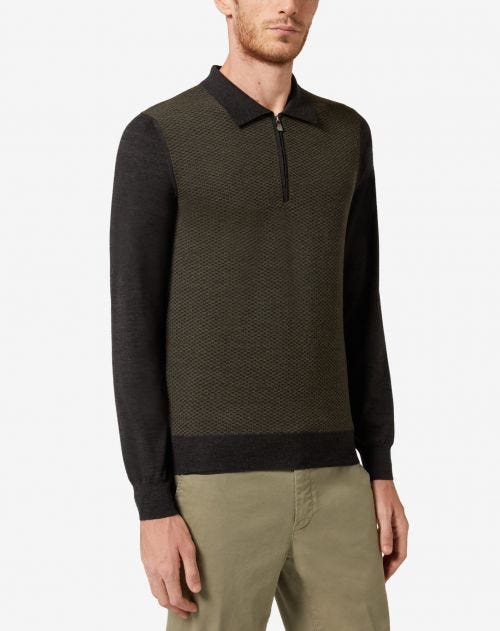 Green and grey merino wool zipped polo shirt