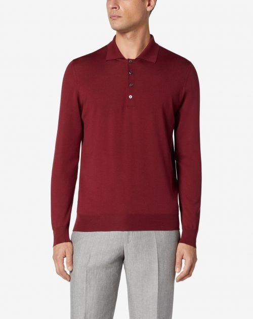 Red long-sleeve ultrafine buttoned polo shirt
