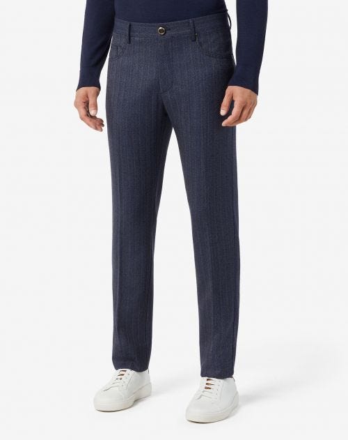 Pantalon bleu 5 poches en cheviot de laine