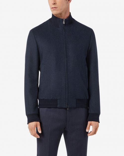 Blue Prince of Wales cashmere and wool bomber jacket
