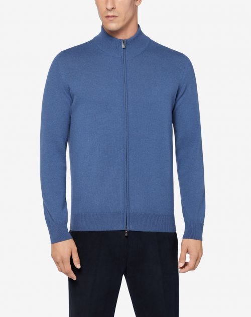 Full zip color denim in lana e cashmere