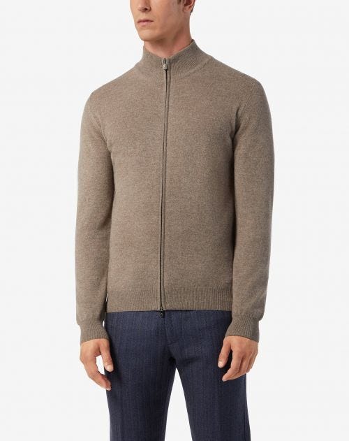 Full zip color tortora in lana e cashmere