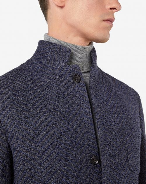 Giacca 4 bottoni blu in tricot di lana