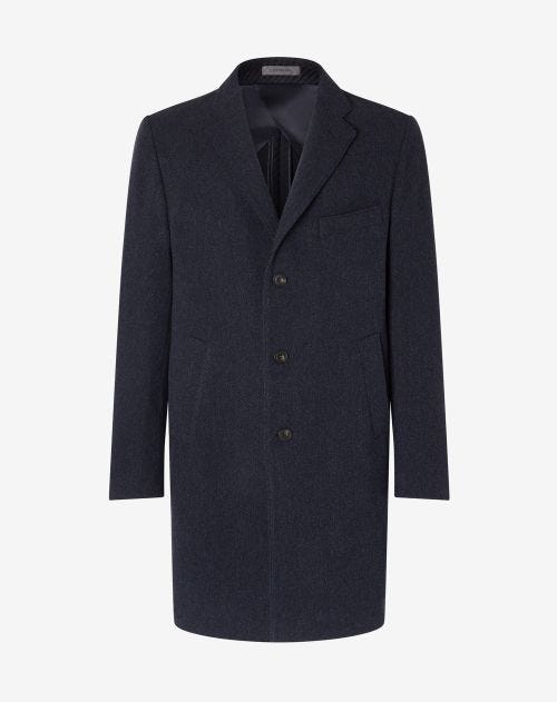 Navy blue herringbone wool and cashmere coat