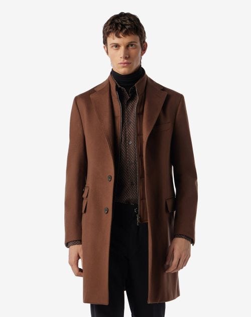 Cappotto marrone con pettorina staccabile in beaver di lana