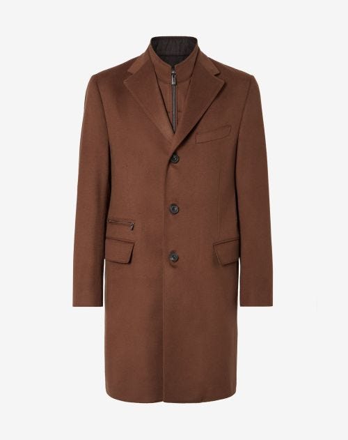 Cappotto marrone con pettorina staccabile in beaver di lana
