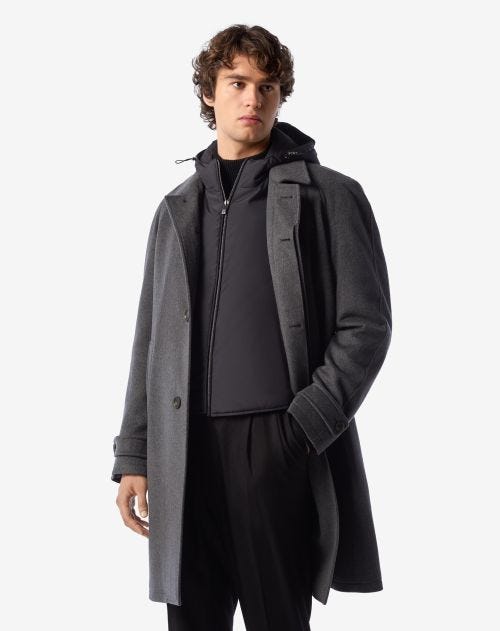 Grey extra-fine wool beaver coat with detachable vest