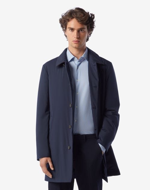 Navy blue trench coat in technical fabric with extra-soft padding