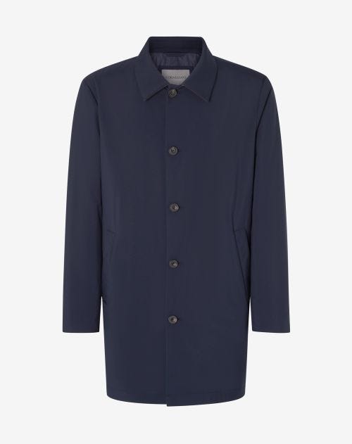 Navy blue trench coat in technical fabric with extra-soft padding.