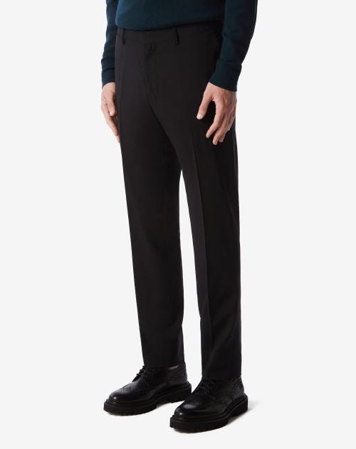 Black tropical wool stretch chino trousers