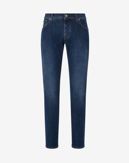 Blauwe jeans met 5 zakken in gewassen super stretchdenim