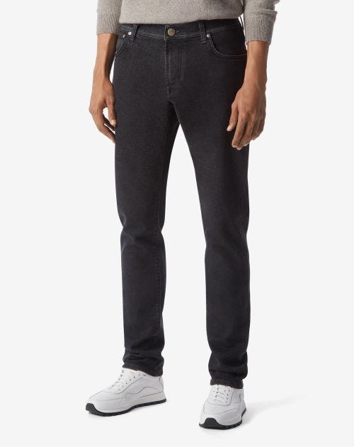 Dark grey denim and cashmere 5- pockets jeans