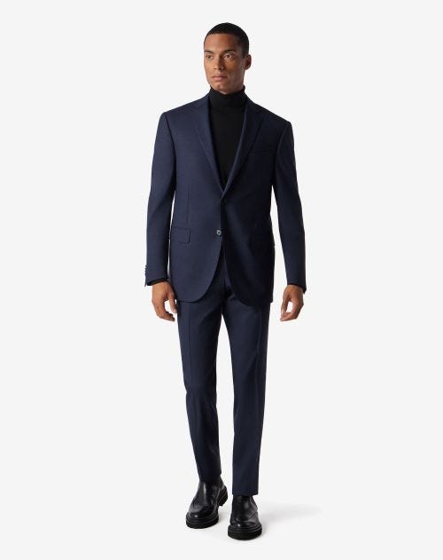 Blue natural stretch wool suit with micro-pattern