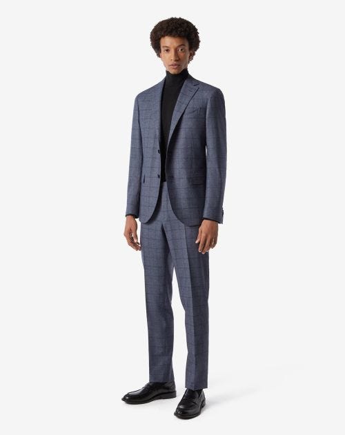 Blue S130s wool suit with overcheck pattern