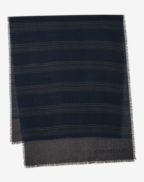 Navy blue wool and modal scarf with geometric pattern