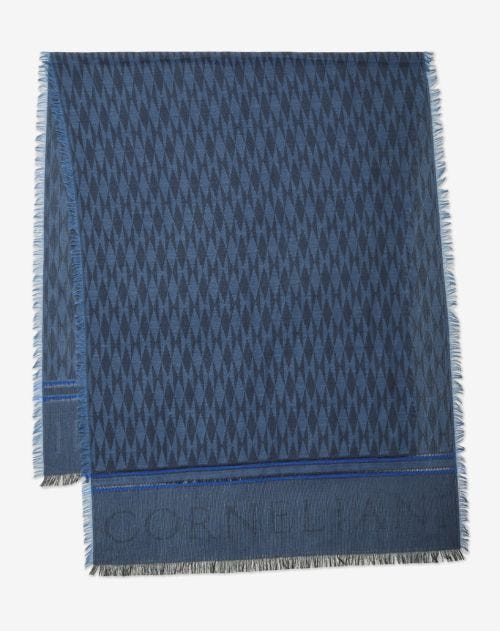 Sciarpa blu in modal e lana con logo e motivi geometrici