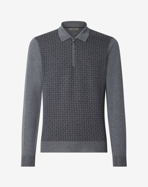 Polo zippé gris en laine mérinos ultra-fine