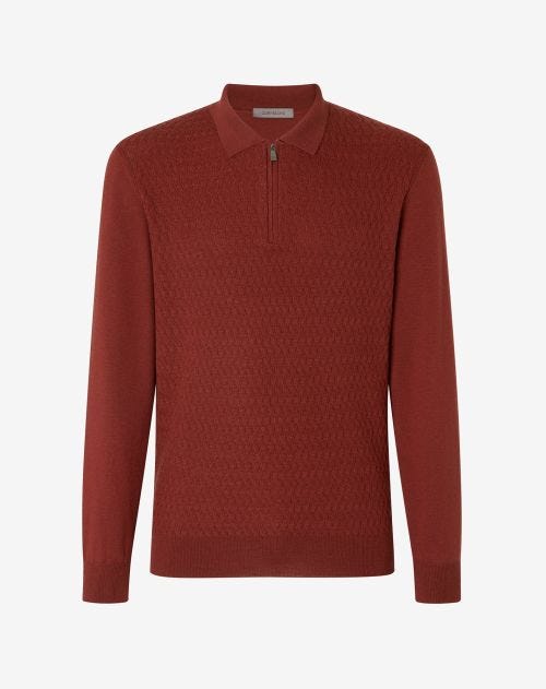 Red extra-fine merino wool zip-up polo