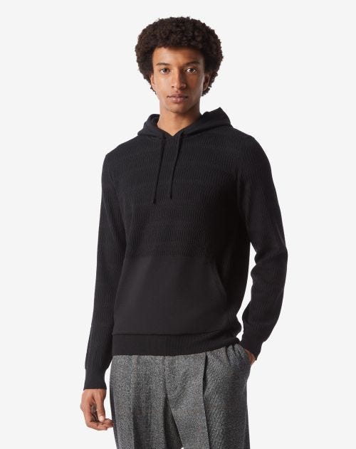 Sweat-shirt avec capuche noir en laine mérinos ultra-fine