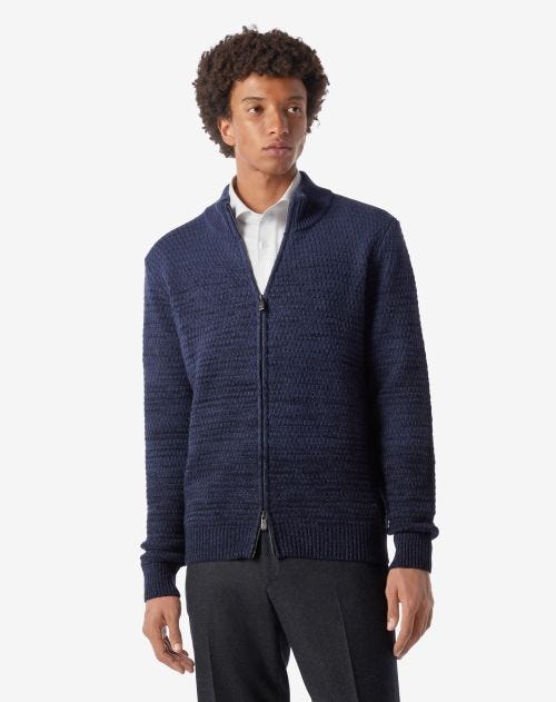 Blue sustainable wool and cashmere full zip turtleneck sweater