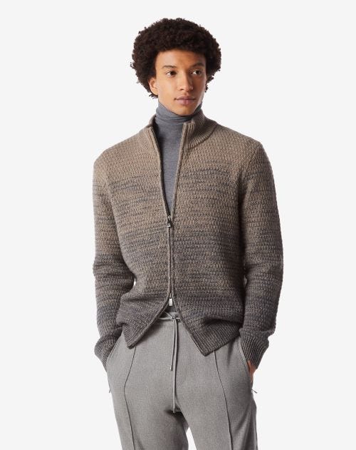 Beige full-zip trui in wol en duurzaam kasjmier