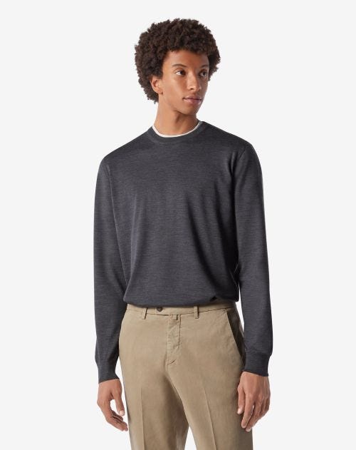 Dark grey 120's extra-fine wool crew-neck sweater