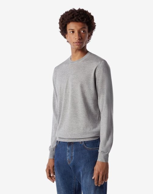 Grey 120's extra-fine wool crew-neck sweater