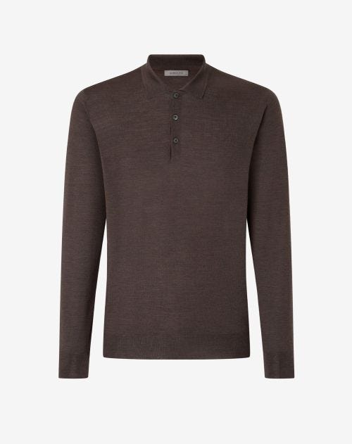Brown 120's extra-fine wool button-up polo