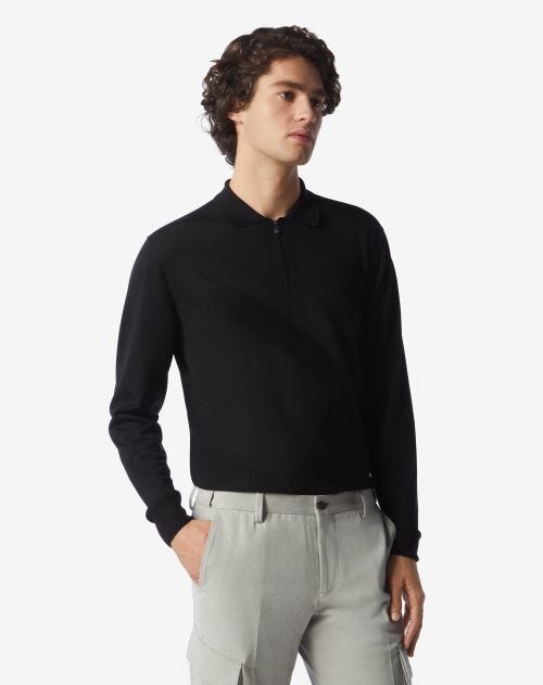 Black 120's extra-fine wool zip-up polo