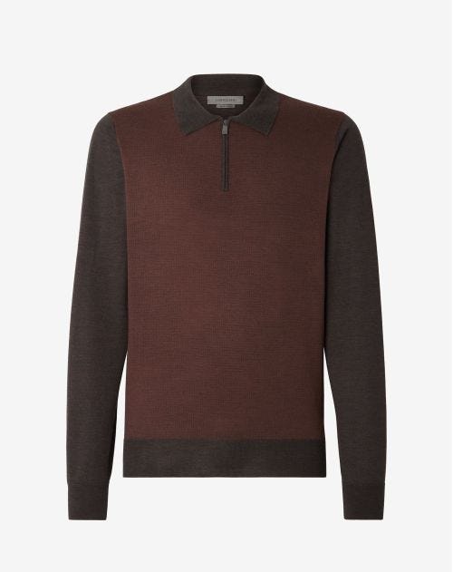 Brown 120's extra-fine wool zip-up polo