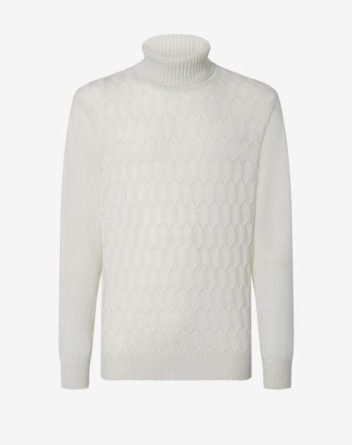 White pure cashmere turtle-neck with geometric pattern