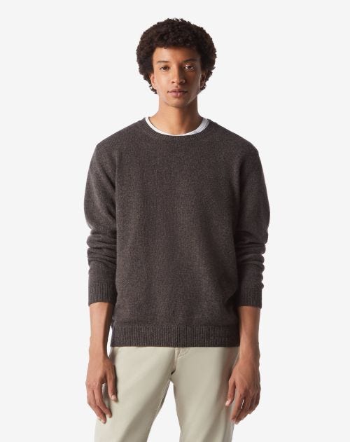 Dark grey pure cashmere crew-neck sweater with a mouliné effect