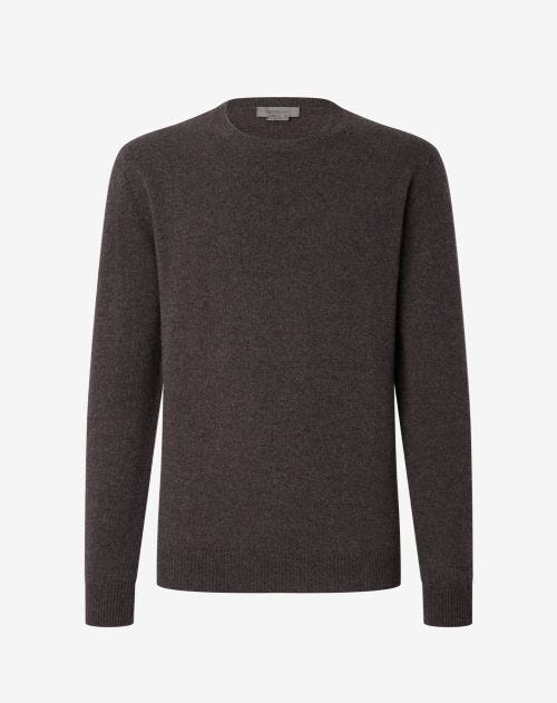 Dark grey pure cashmere crew-neck sweater with a mouliné effect.