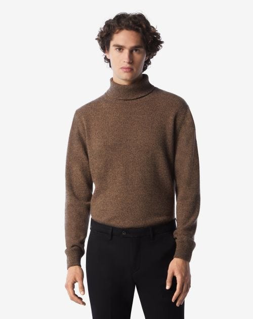Brown pure cashmere crew-neck sweater with a mouliné effect.