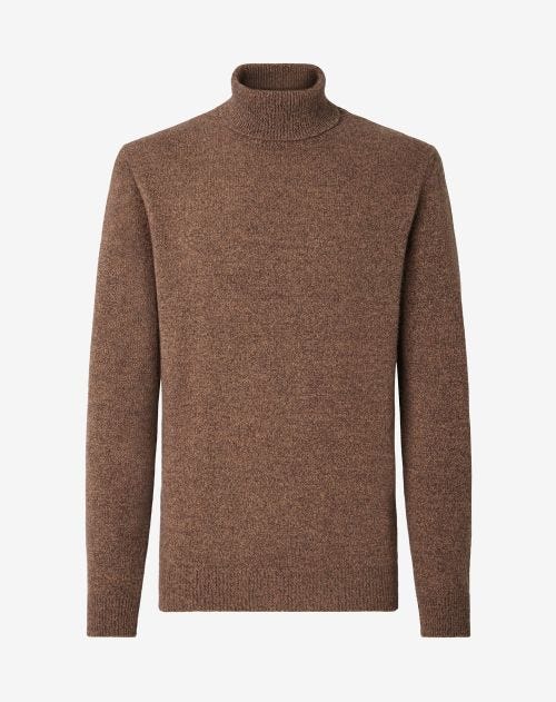Brown pure cashmere crew-neck sweater with a mouliné effect.