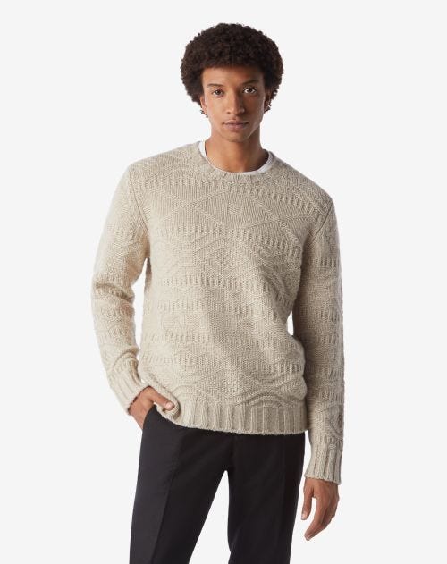 Beige eco-cashmere crew-neck sweater with geometric pattern