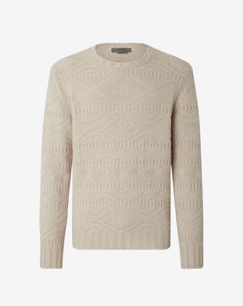 Beige eco-cashmere crew-neck sweater with geometric pattern