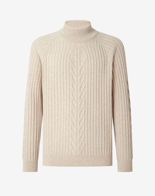 Ivory wool and silk turtleneck with braid and rib stitch