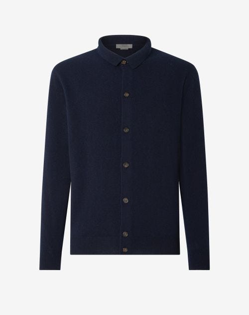 Cardigan blu con collo a camicia in lana sostenibile