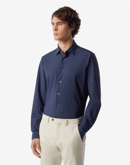 Blauw overhemd in bi-stretch technische stof