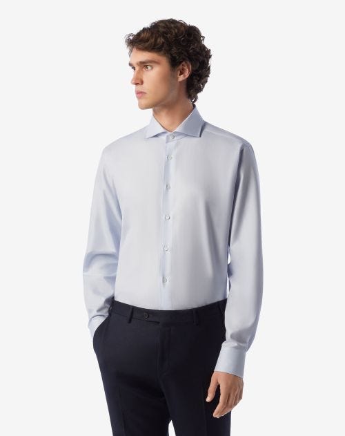 Light blue cotton stretch shirt with micro pattern