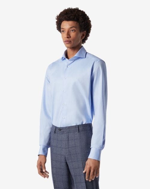 Light blue cotton stretch shirt with micro pattern