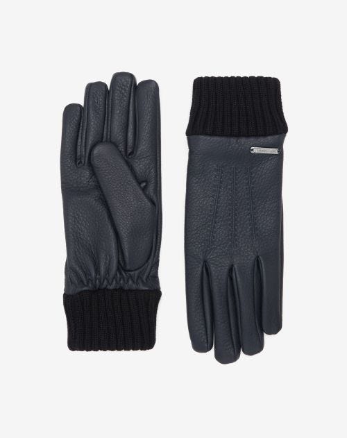 Blue deerskin gloves with knitted wrist cuff