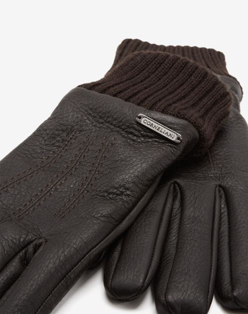 Brown deerskin gloves with knitted wrist cuff