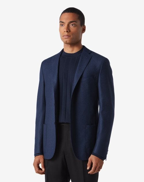Blue 2-button wool jacket with micro-patterns